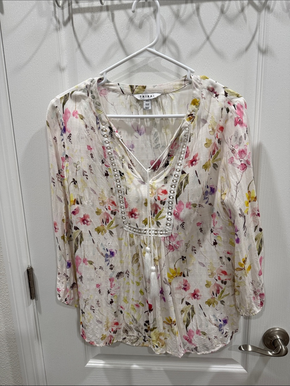 Tribal White Floral Tie-Front Peasant Top with Pink & Yellow Accents